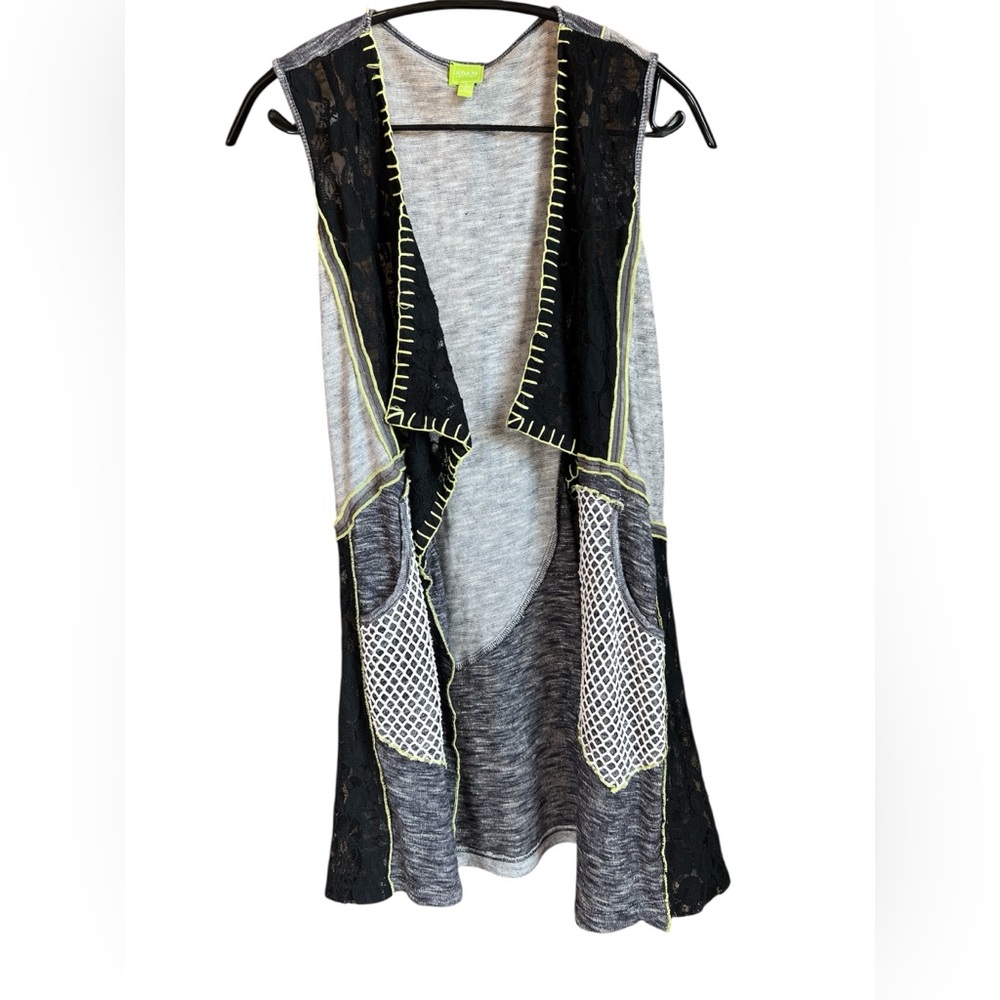 ADAM JACOBS Patchwork Long Open Vest Size SM Net Pockets Lace Lagenlook Boho